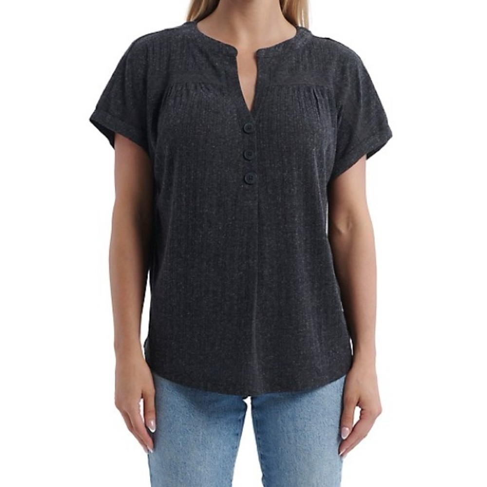 Como Vintage Women's Short-Sleeve Henley Shirt with Crochet Detailing